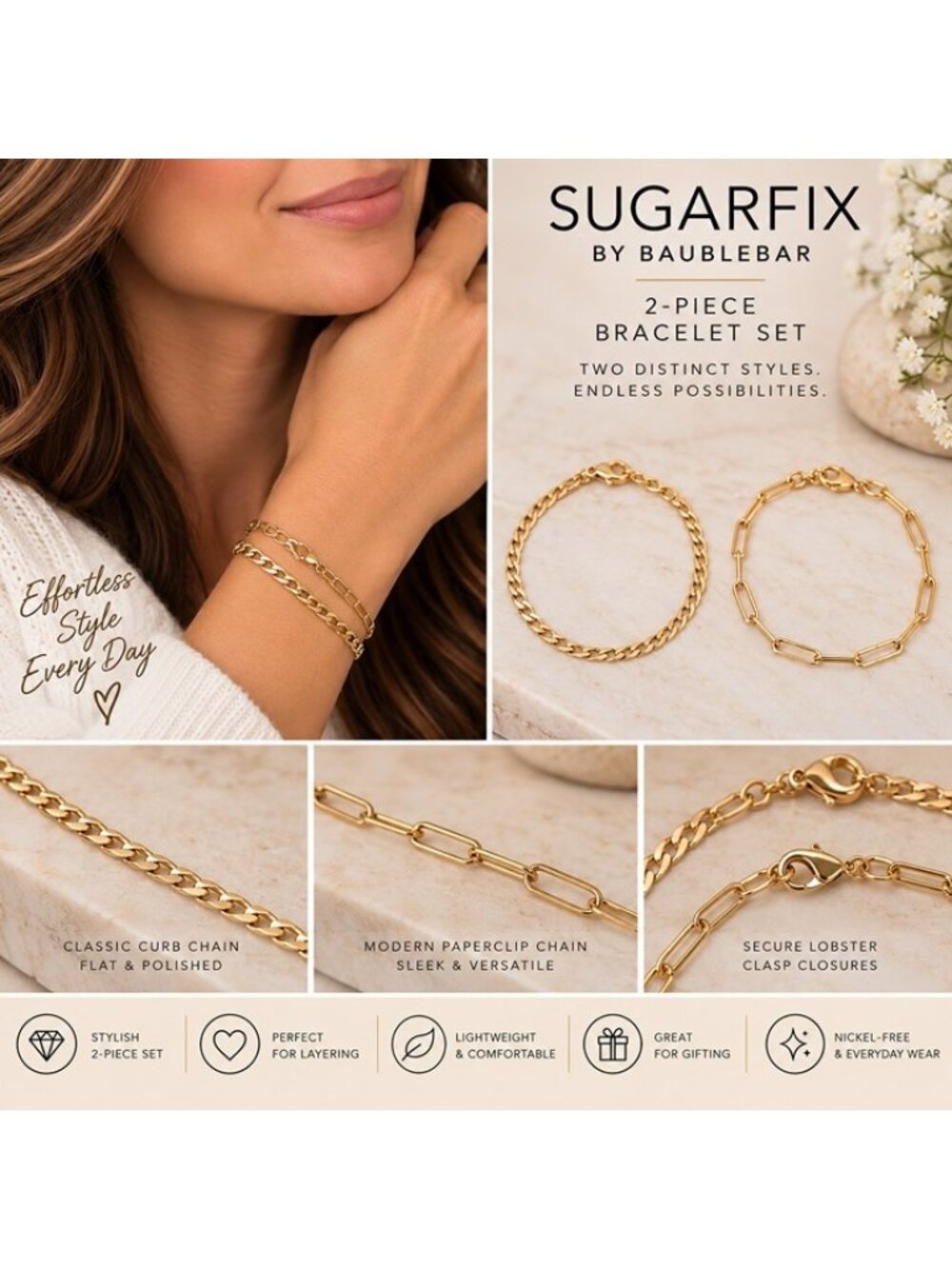 SUGARFIX by BaubleBar Gold Link Chain Bracelet 2-Piece Set Nickel Free